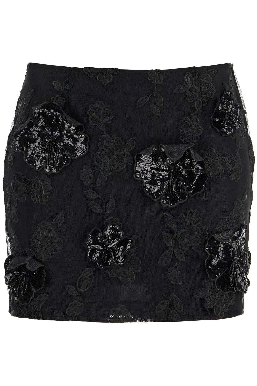 Mini Skirt In Recycled Black Polyester Mesh With Floral Pattern