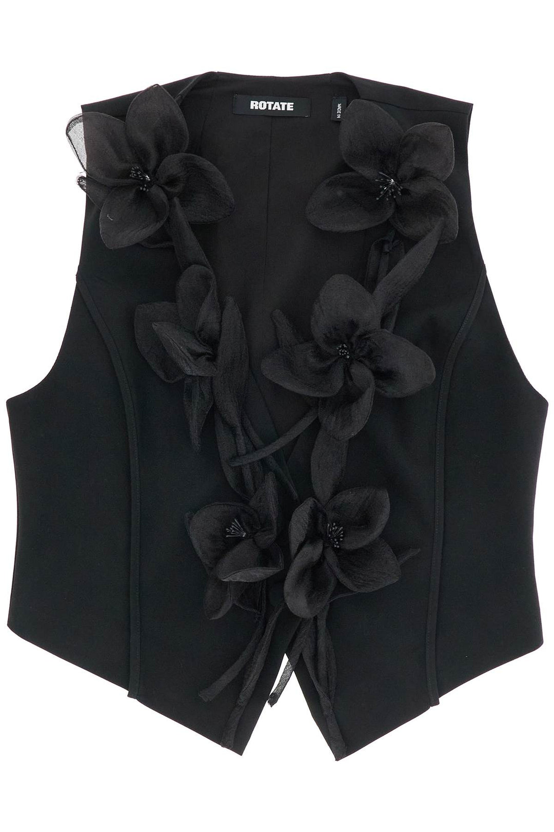 Black Vest In Recycled Fabric With Flowers Without Sleeves