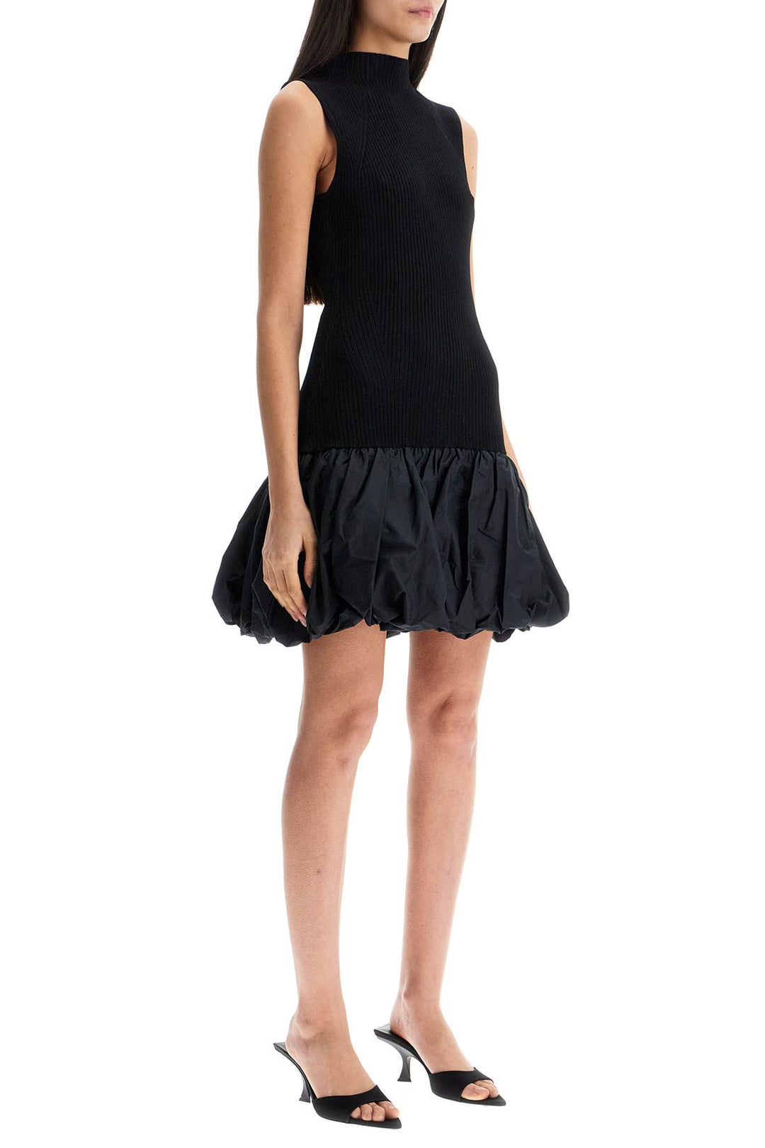 Black Knit Racer Cut Dress With High Neck And Flared Skirt