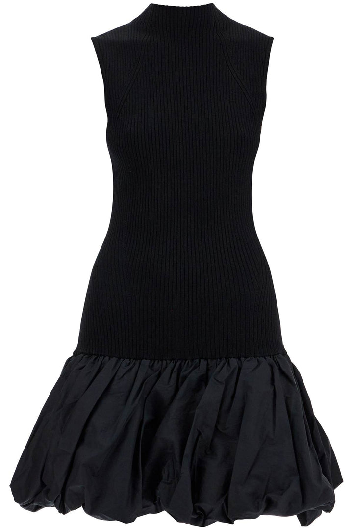 Black Knit Racer Cut Dress With High Neck And Flared Skirt