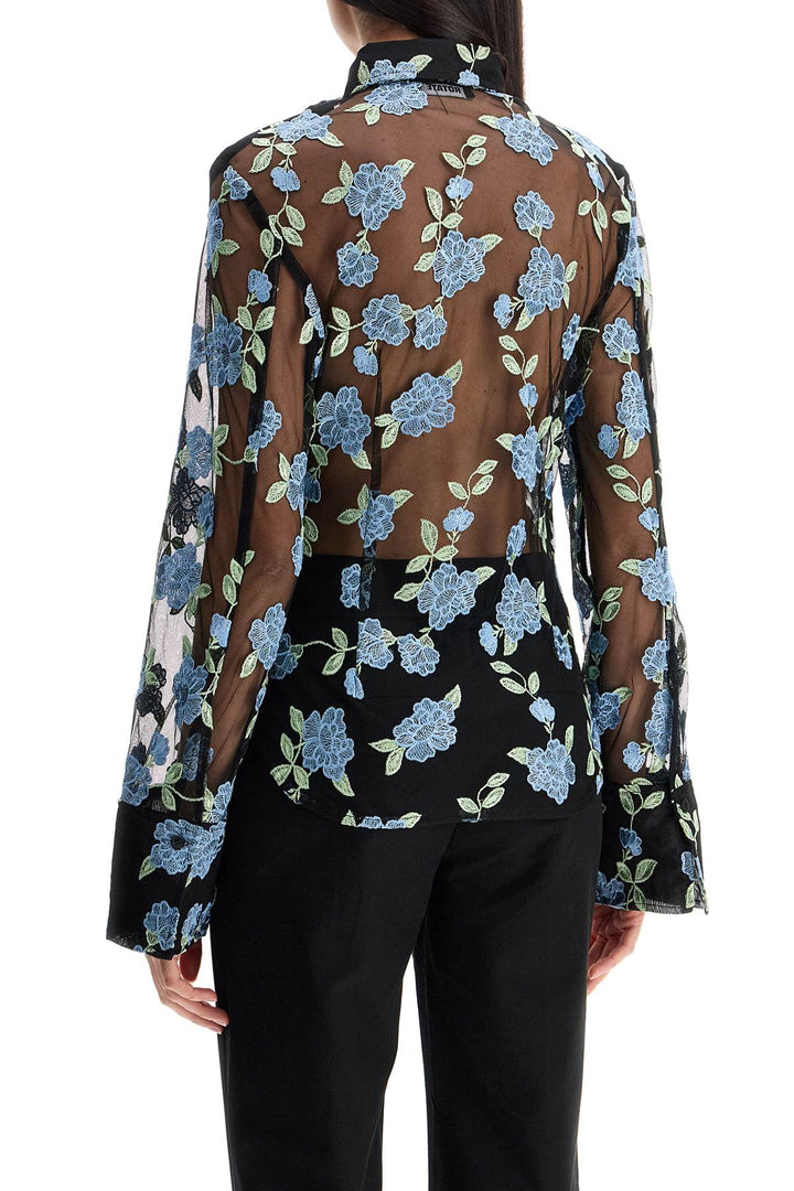 Black Mesh Shirt With Floral Embroidery