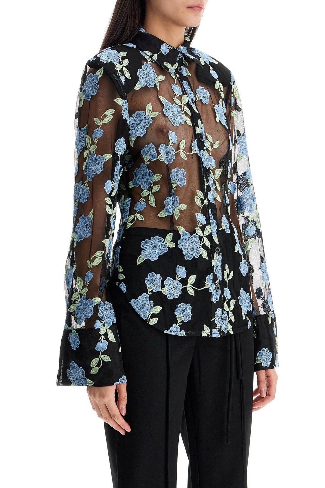 Black Mesh Shirt With Floral Embroidery