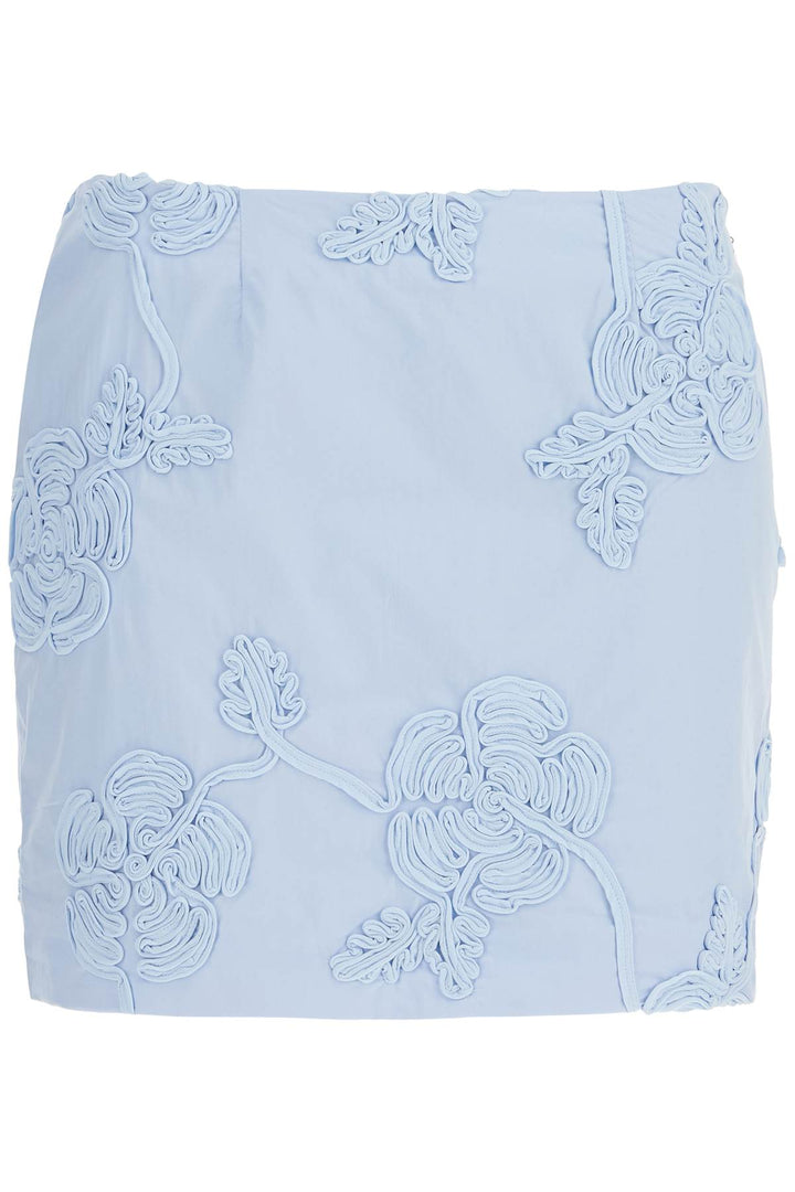 Light Blue Cotton Mini Skirt With 3 D Floral Embroidery