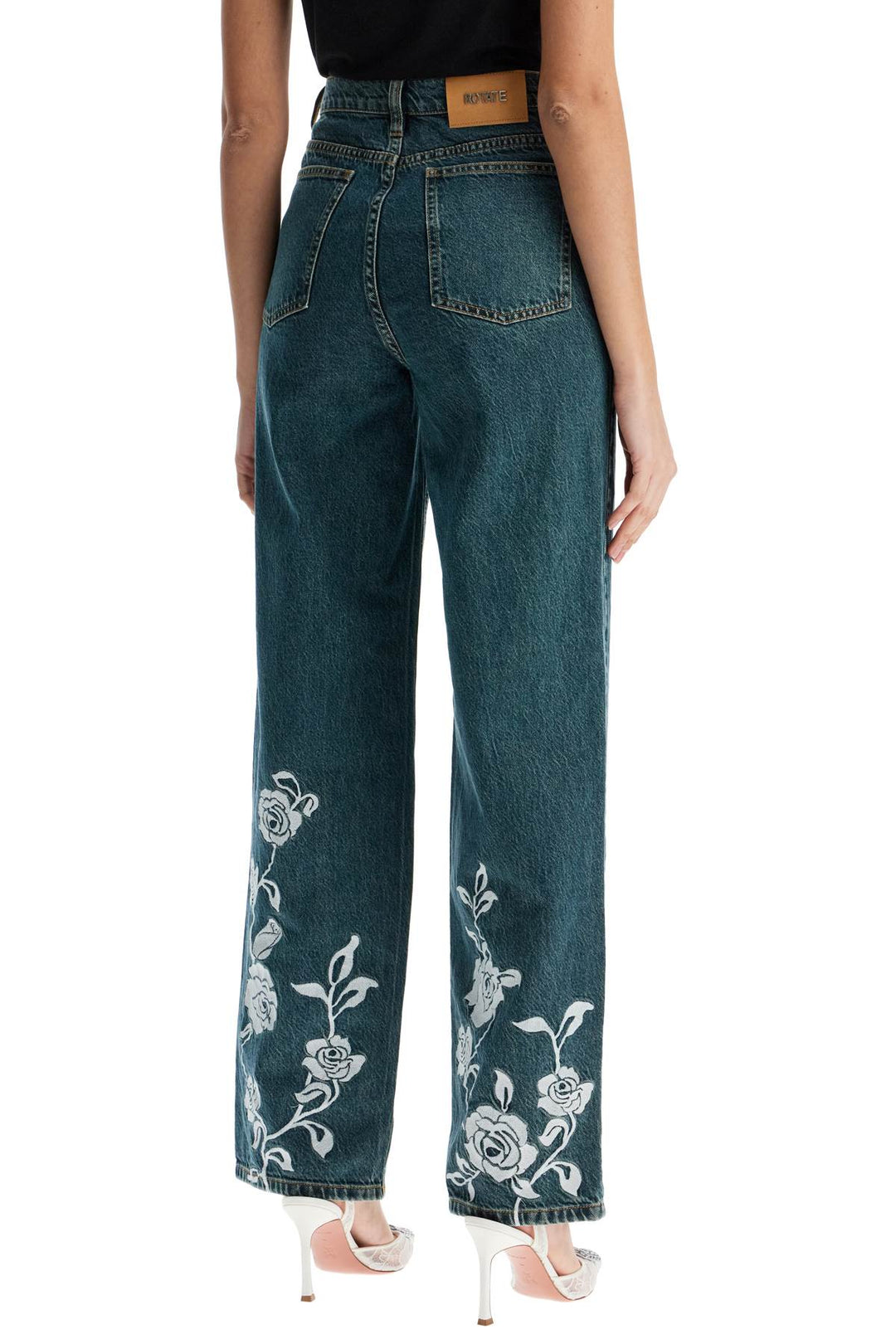 Jeans In Denim Steel Blue With Floral Details