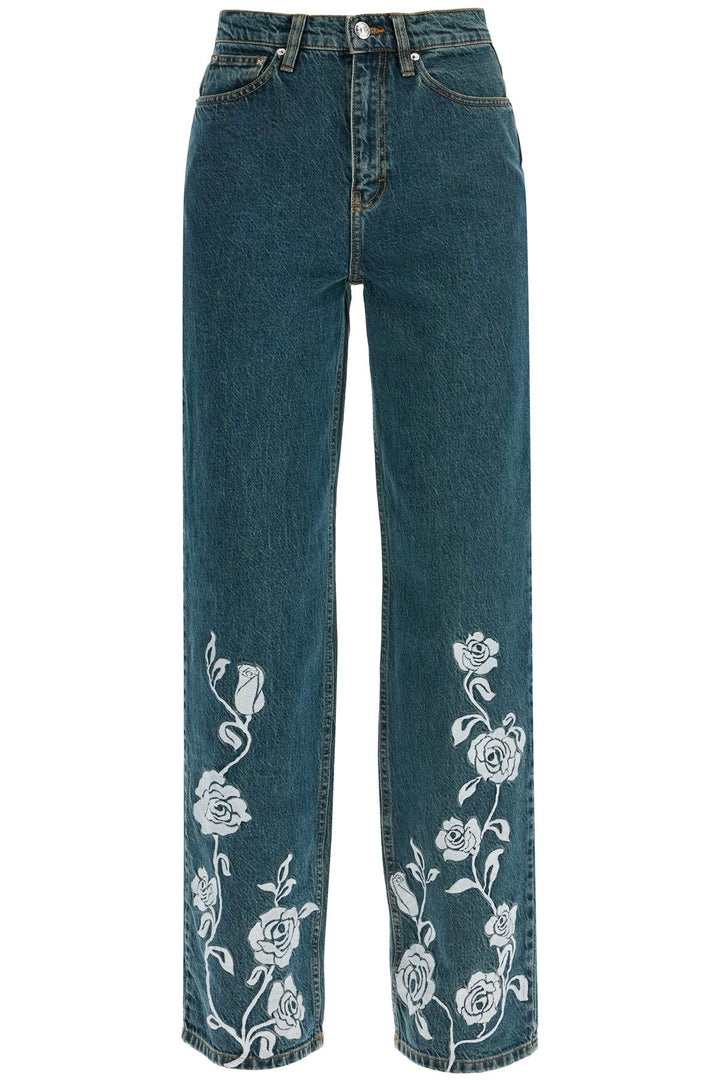 Jeans In Denim Steel Blue With Floral Details