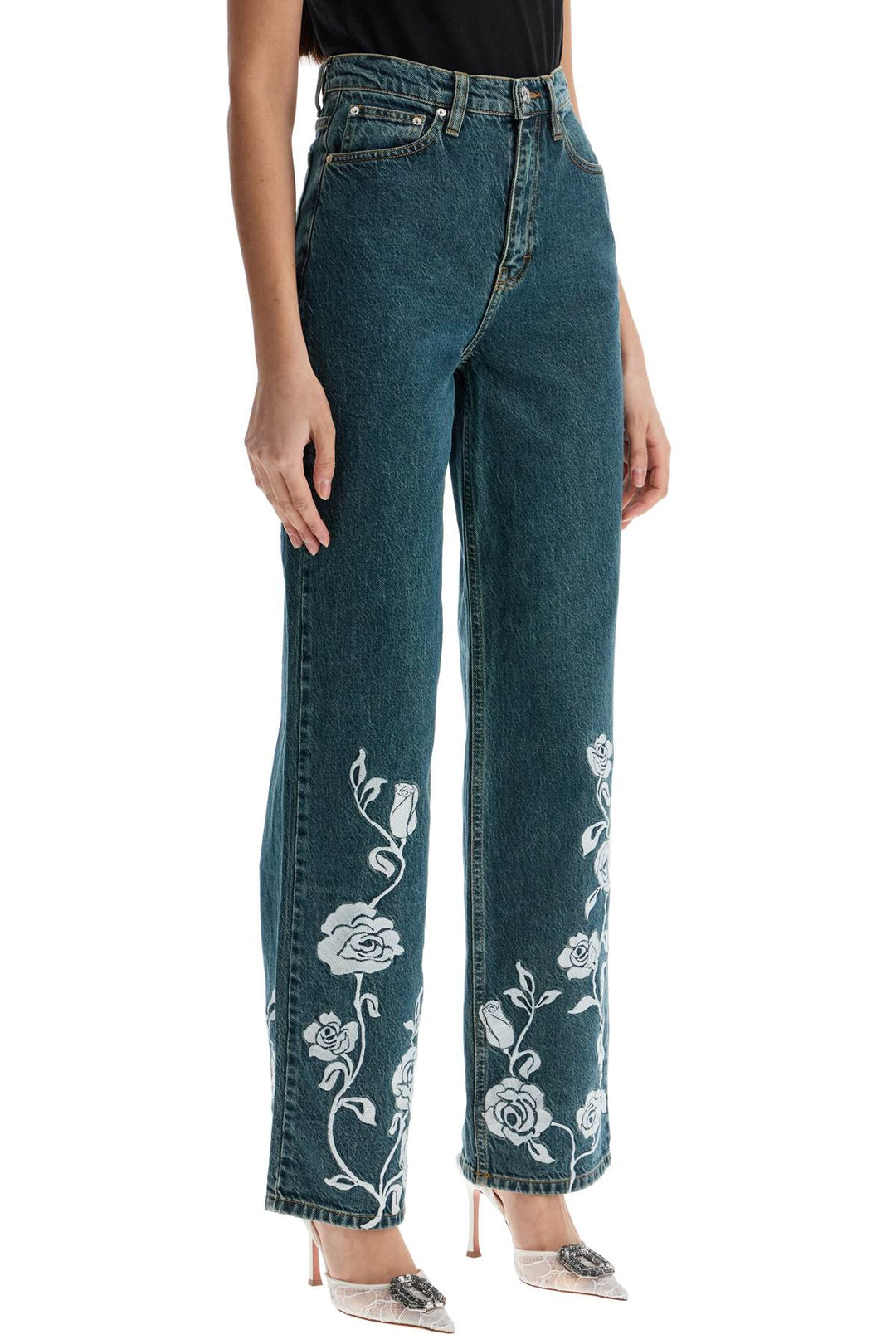 Jeans In Denim Steel Blue With Floral Details