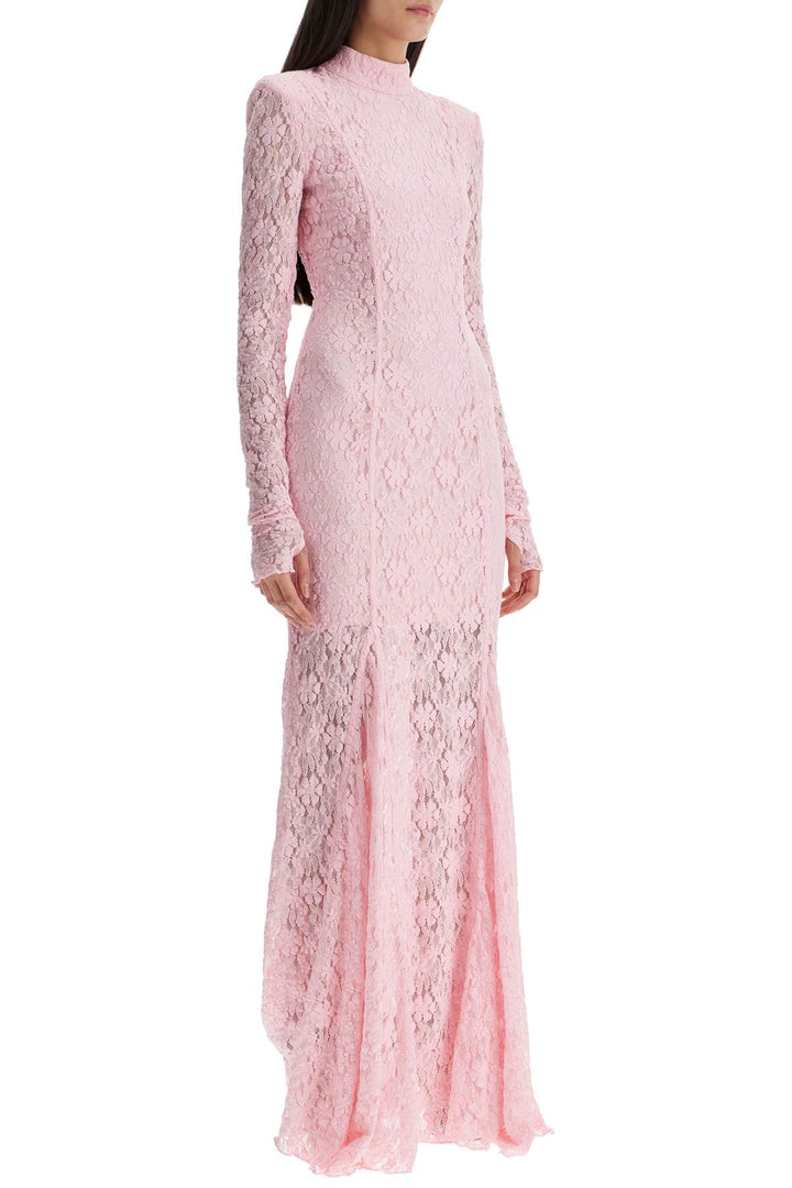 Long Pink Lace Dress With Open Back For Special Occasions