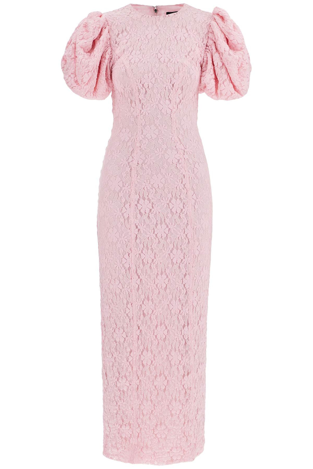 Pink Floral Midi Dress With Puff Sleeves In Mixed Materials