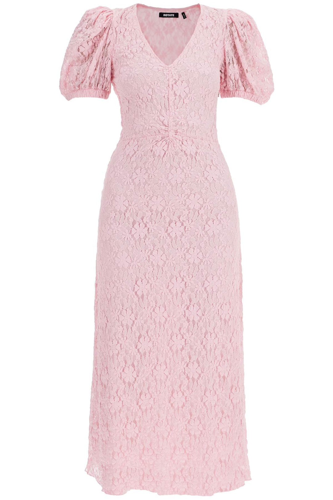 Pink Lace Midi Dress With Puff Sleeves