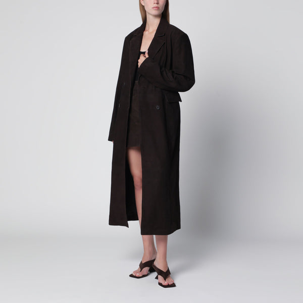 Dark Brown Double-Breasted Suede Coat