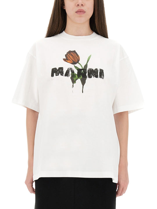 White Cotton T-Shirt With Tulip Print