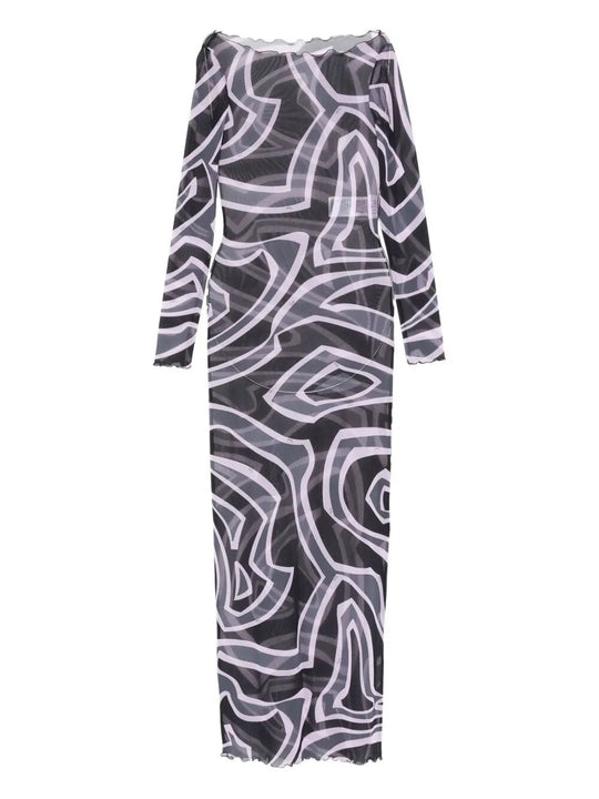 Abstract-Print Long-Sleeved Tulle Maxi Dress