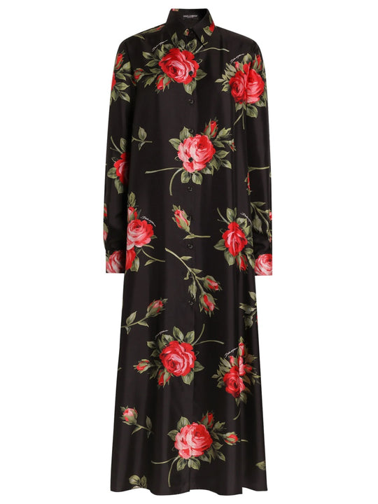 Rose Bouquet Print Twill Long Dress