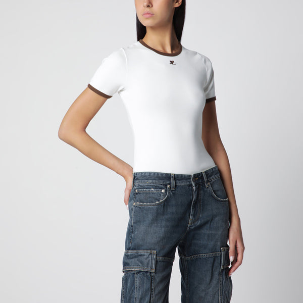 White/Brown Cotton T-Shirt With Contrast Crew Neck
