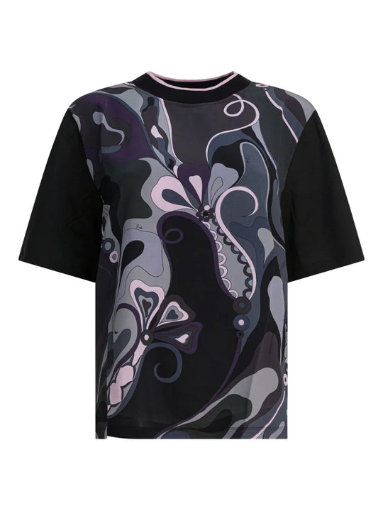 Cotton T-Shirt With Printed Silk Insert
