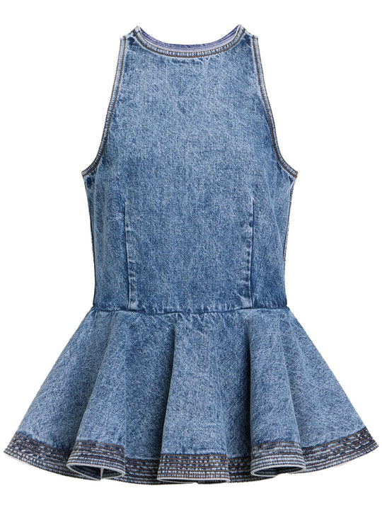 Peplum Denim Top With Ruffled Hem