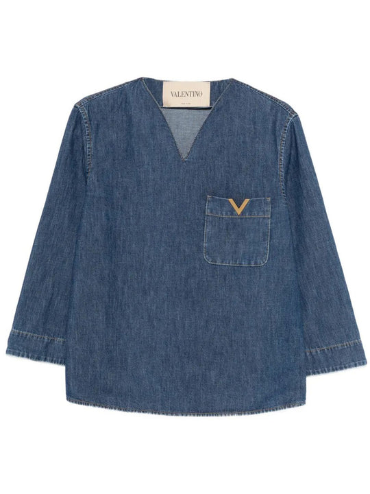 V-Neck Denim Shirt With Logo