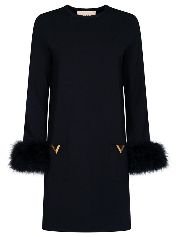 V Logo And Feather-Detail Knitted Dress