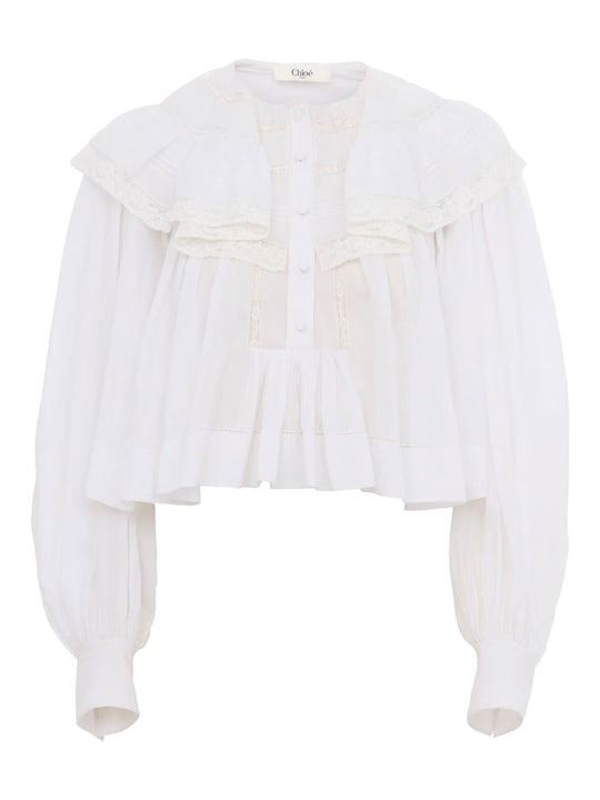 Cotton Voile And Lace Cropped Ruffle Top