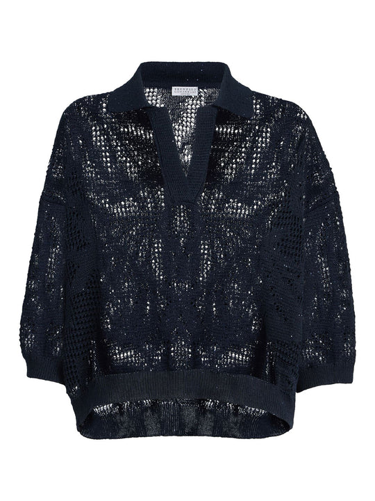 Dazzling Water Lillies Knit Polo Shirt In Linen And Cotton