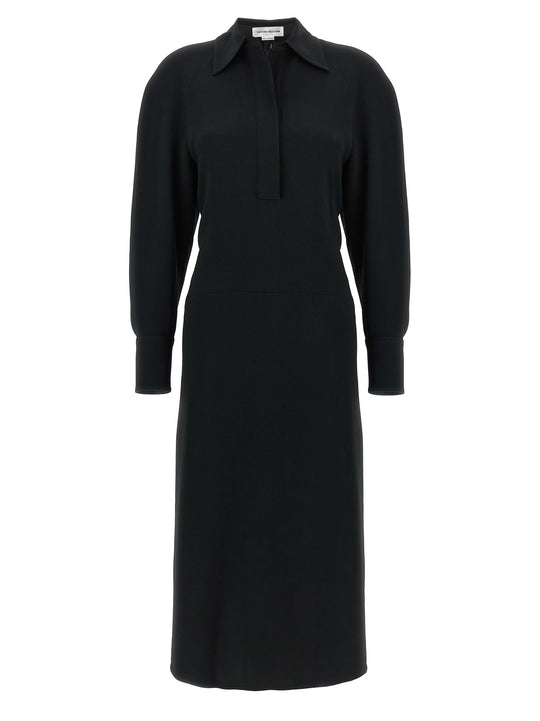 Long Sleeve Polo Collar Midi Dresses Black