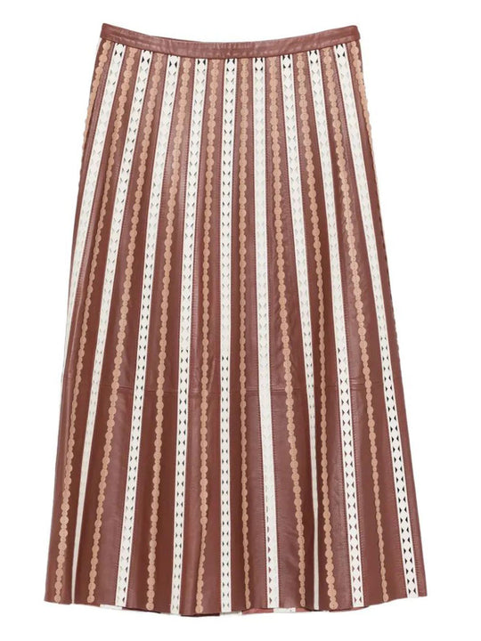 Striped Leather Midi Skirt