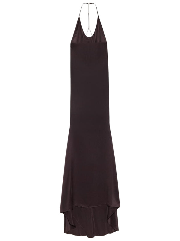 Peach-Feel Silk Satin Halterneck Evening Dress