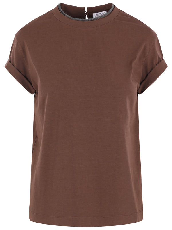 Stretch Cotton Jersey T-Shirt With Precious Faux Layering