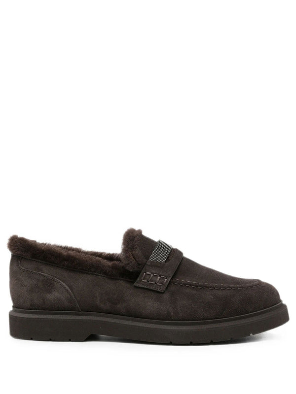 Suede Penny Loafers With Shearling Lining And Precious Insert
