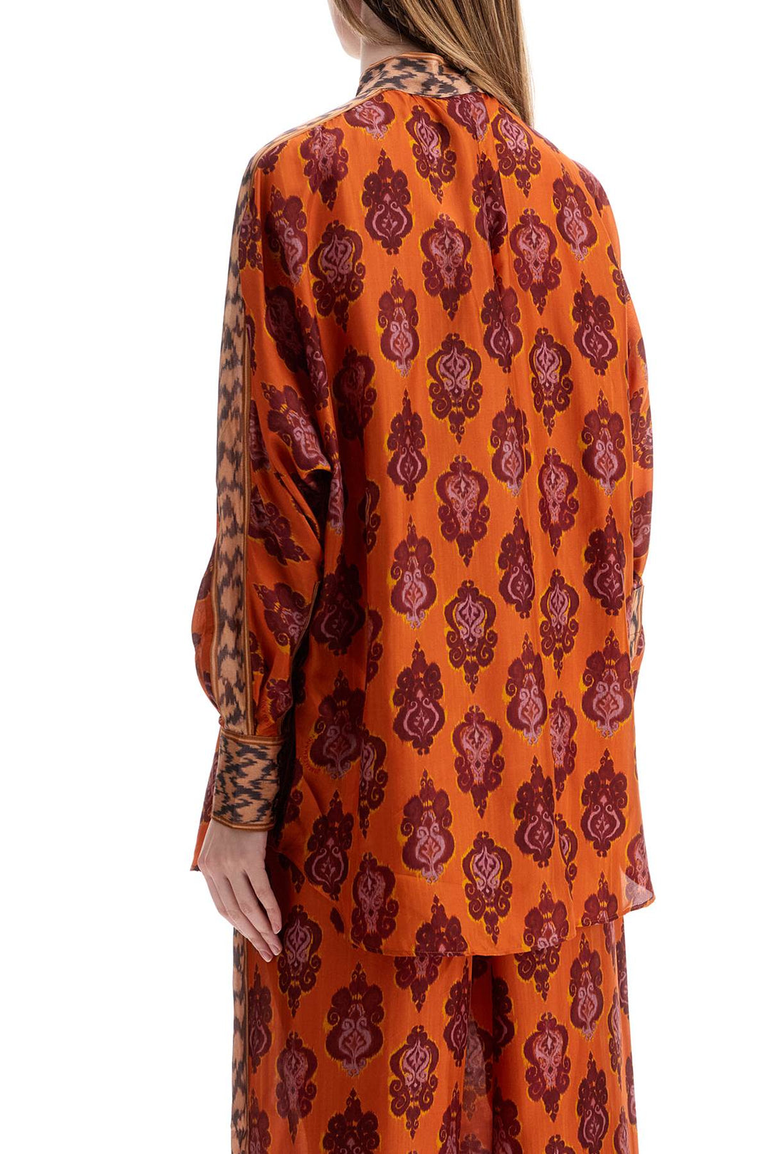 Orange Silk Shirt Ikat Long Sleeve Loose Fit