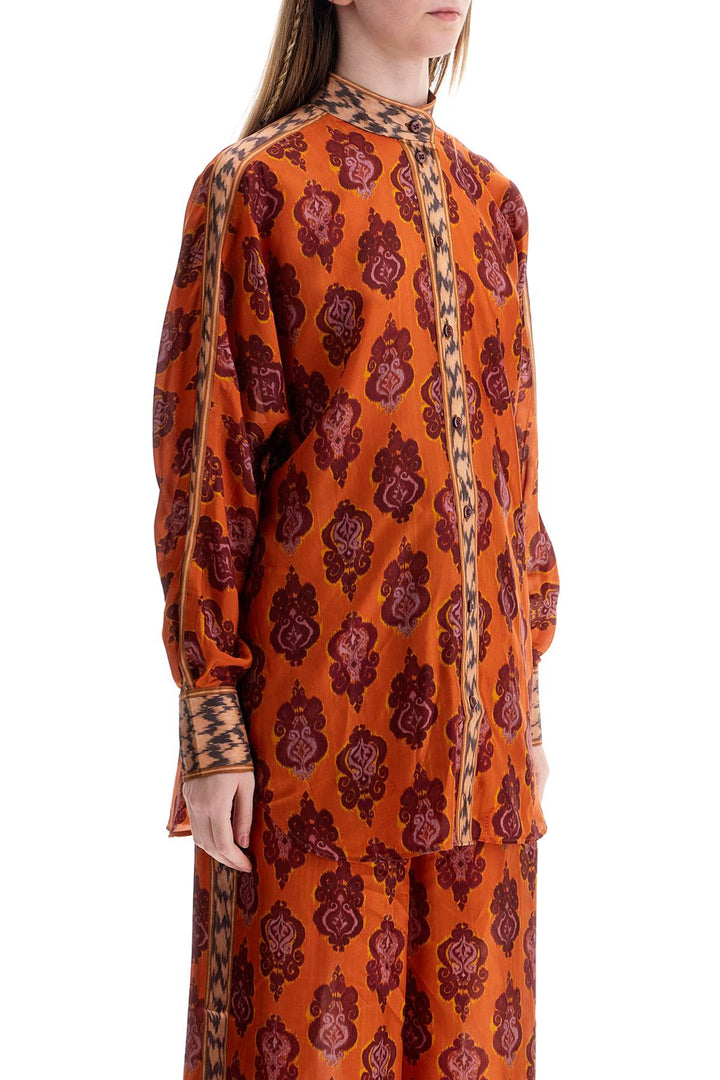 Orange Silk Shirt Ikat Long Sleeve Loose Fit