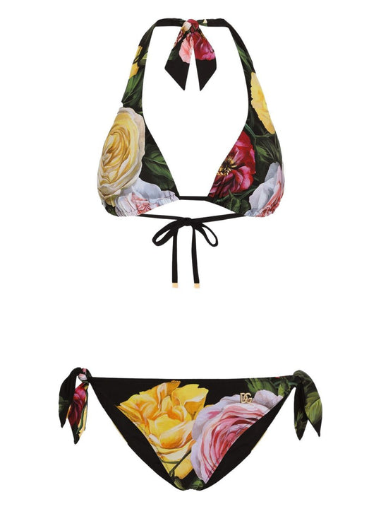 Rose And Peony-Print Padded Triangle Bikini
