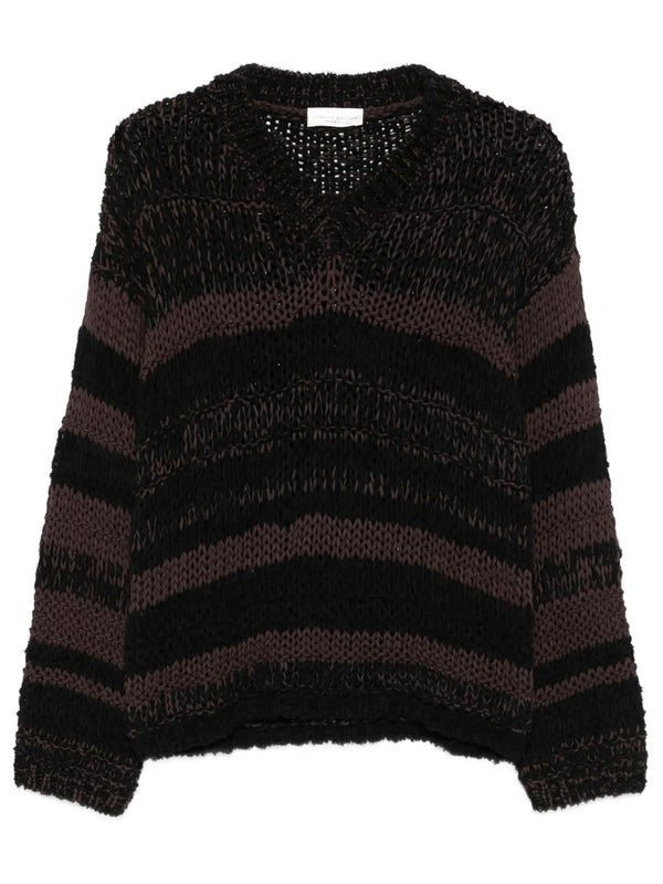 Chunky-Knit V-Neck Striped Sweater