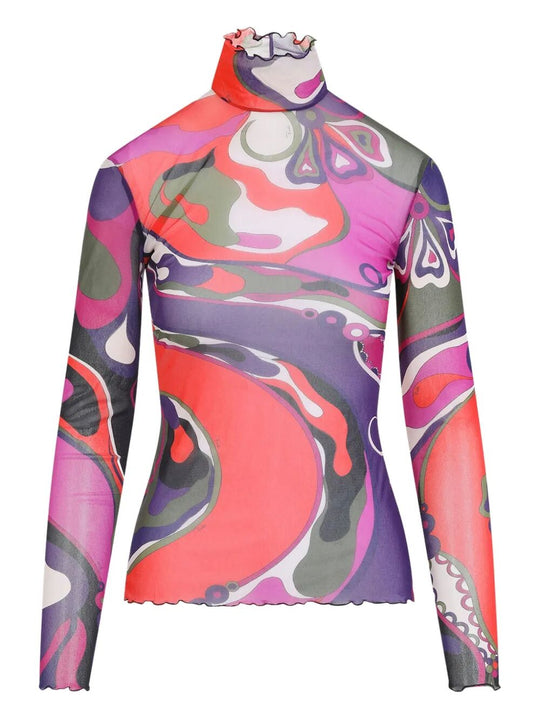 Abstract-Print Turtleneck Sheer Top