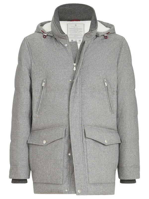 Bonded Wool Flannel Down Parka With Detachable Hood