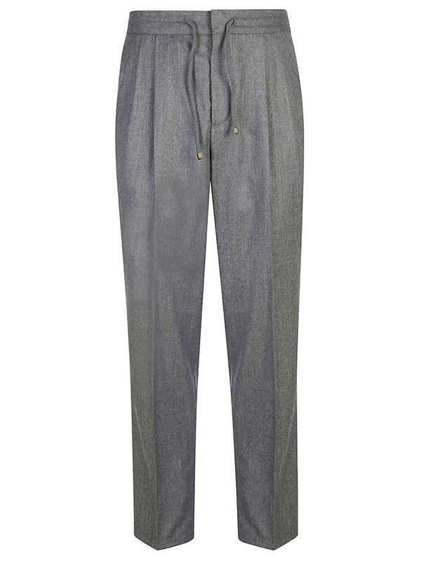 Wool Flannel Leisure Fit Trousers With Drawstring And Double Pleats