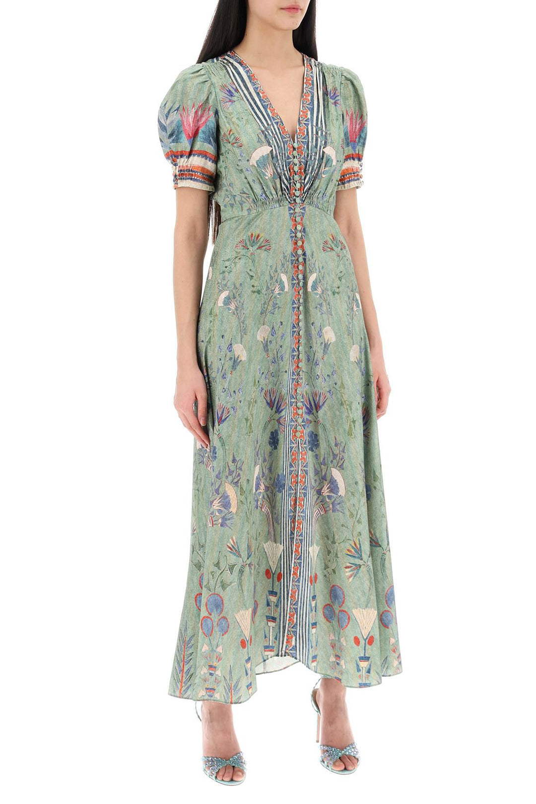 'Lea' Long Dress In Printed Silk