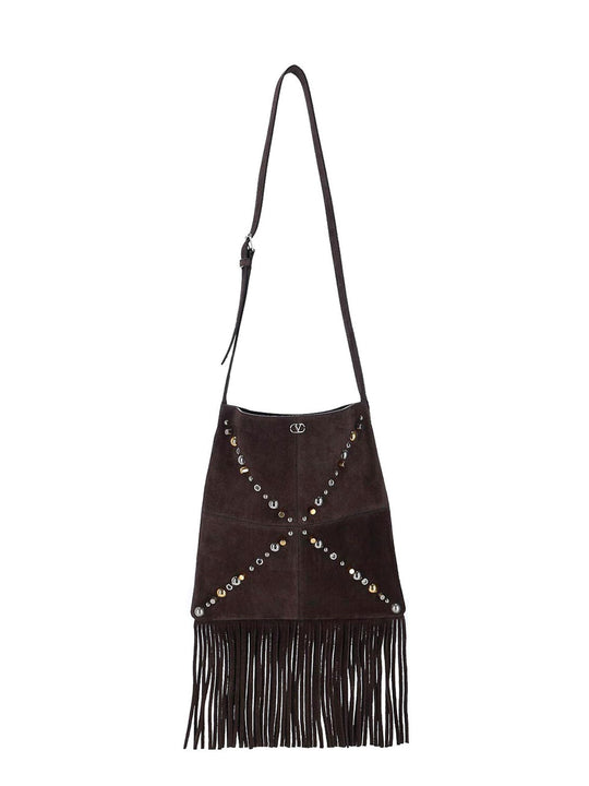 Suede Shoulder Bag With Fringes And Metal Details