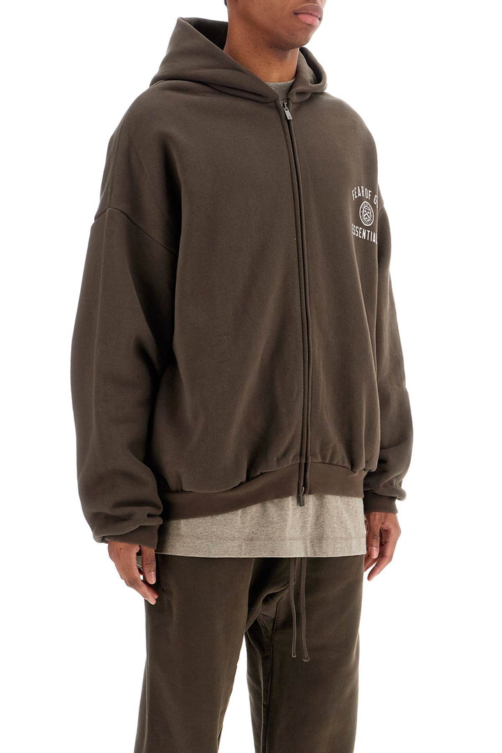 Dark Brown Cotton Zip Up Hoodie With Embroidered Logo