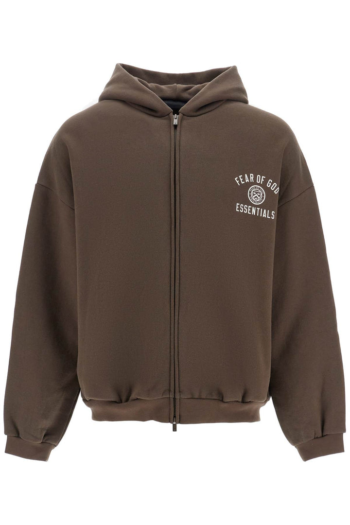 Dark Brown Cotton Zip Up Hoodie With Embroidered Logo