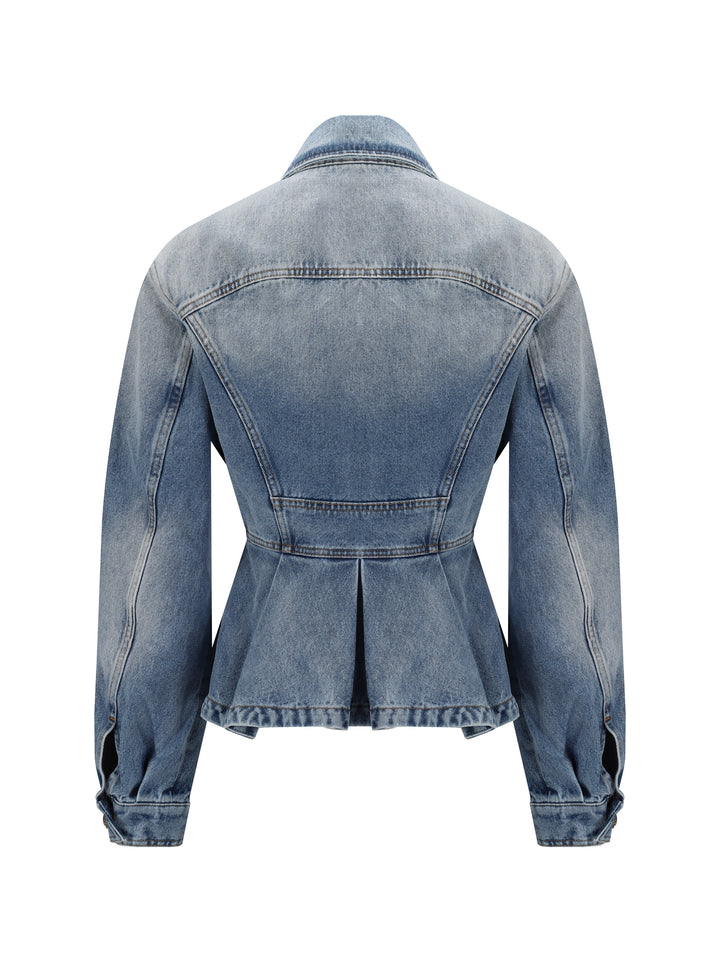 BUTTONED LIGHT BLUE RUFFLED DENIM JACKET