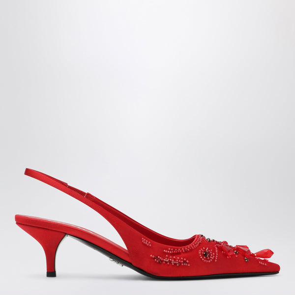 Red Embroidered Satin Slingback Pumps