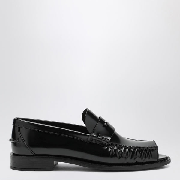 Black Brushed Leather Peep-Toe Loafers
