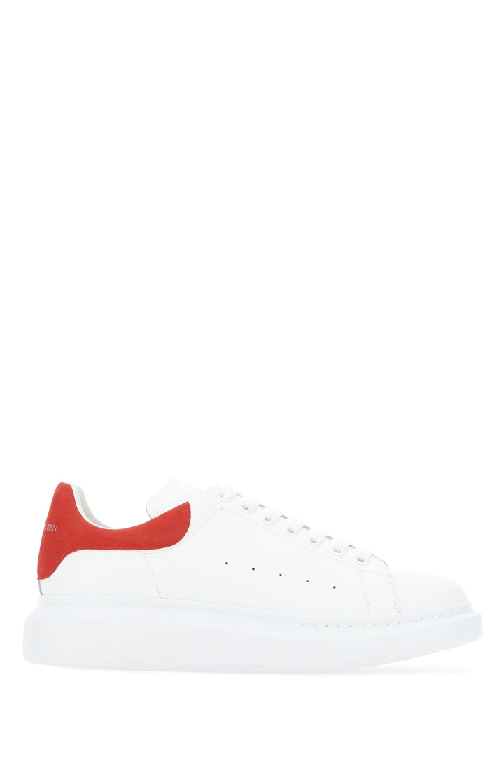 White leather sneakers with red suede heel