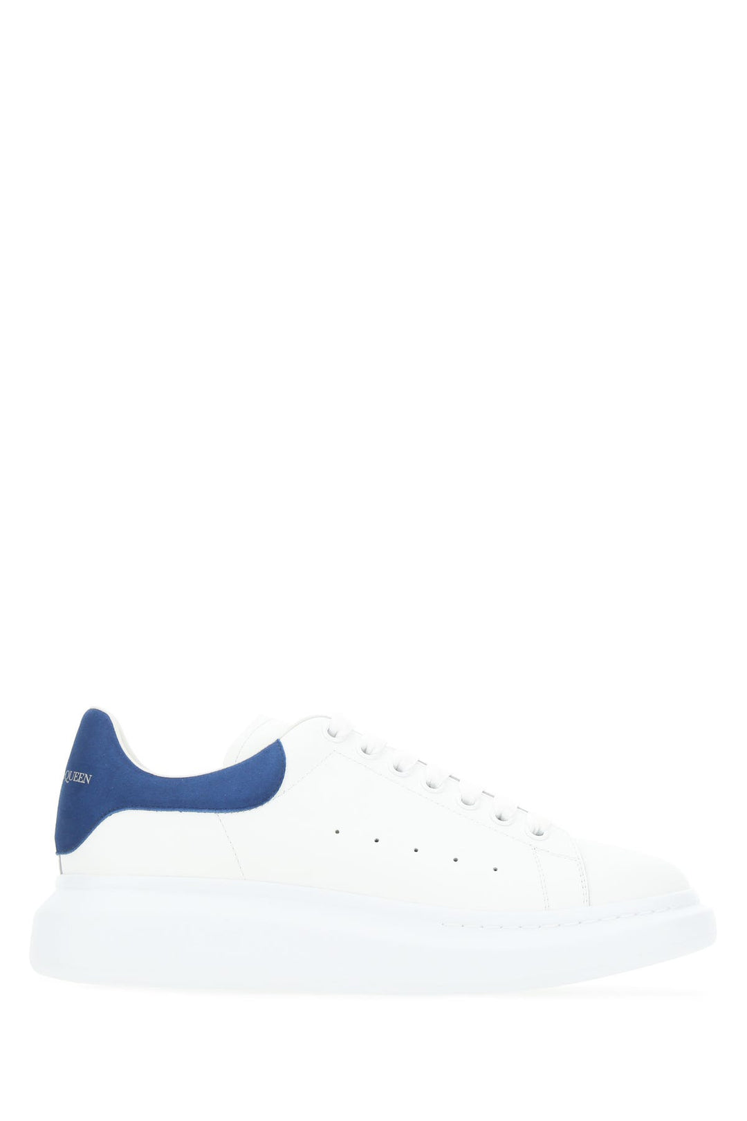 White leather sneakers with blue suede heel