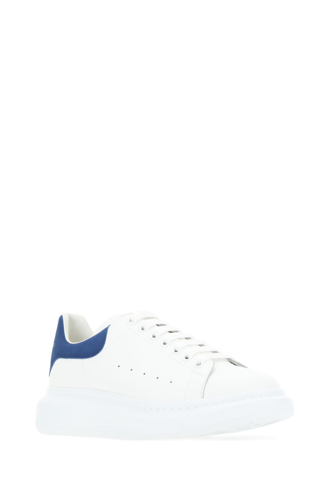 White leather sneakers with blue suede heel