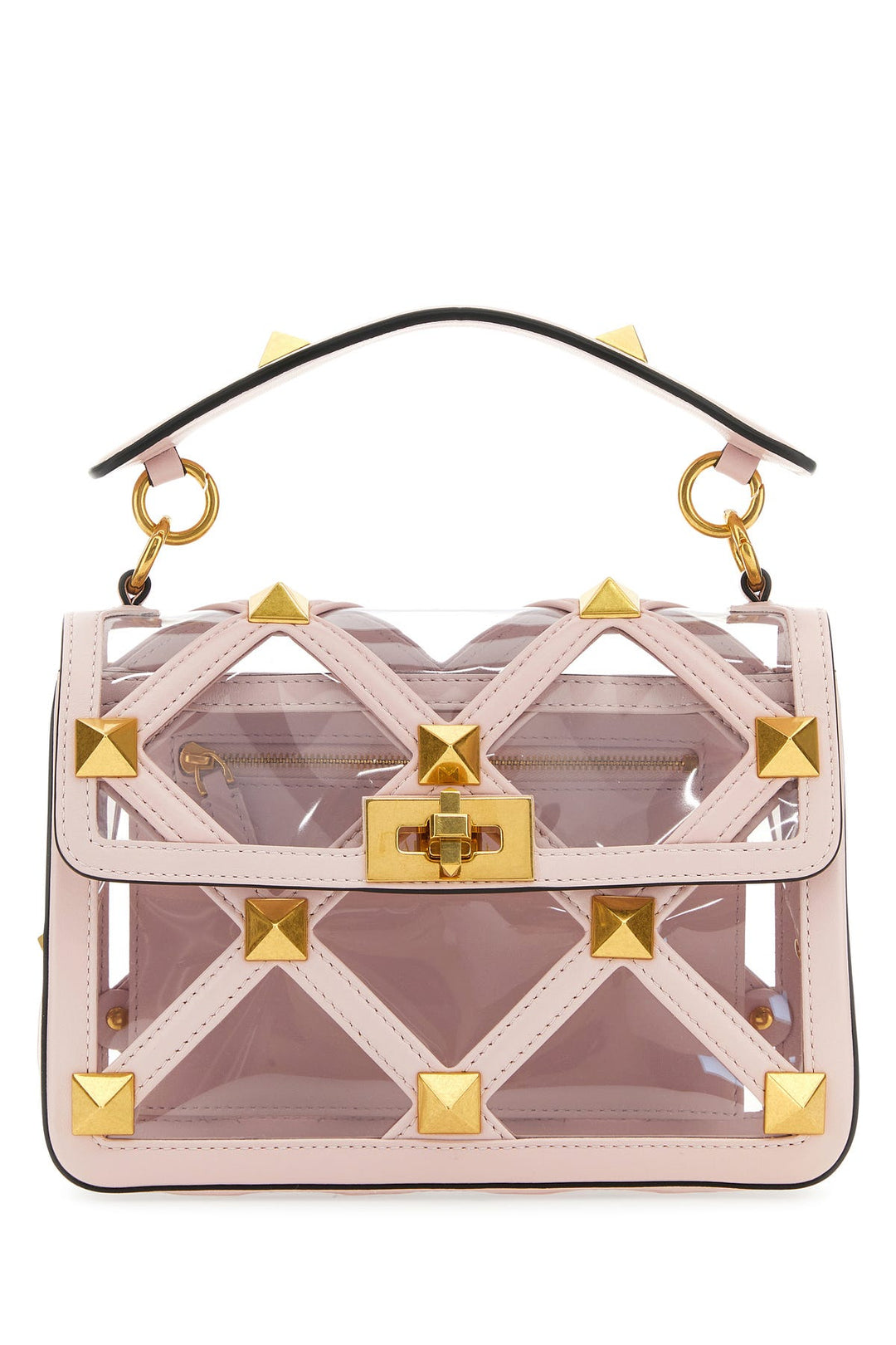 Pastel pink polymeric material and leather medium Roman Stud handbag