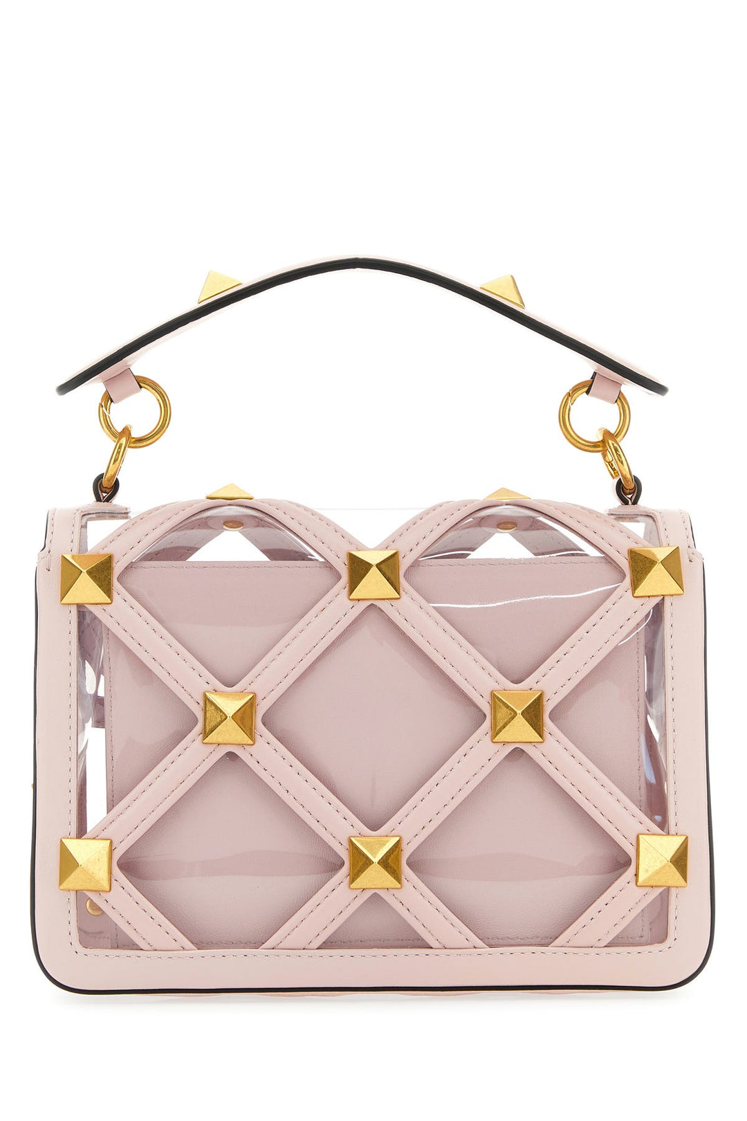 Pastel pink polymeric material and leather medium Roman Stud handbag