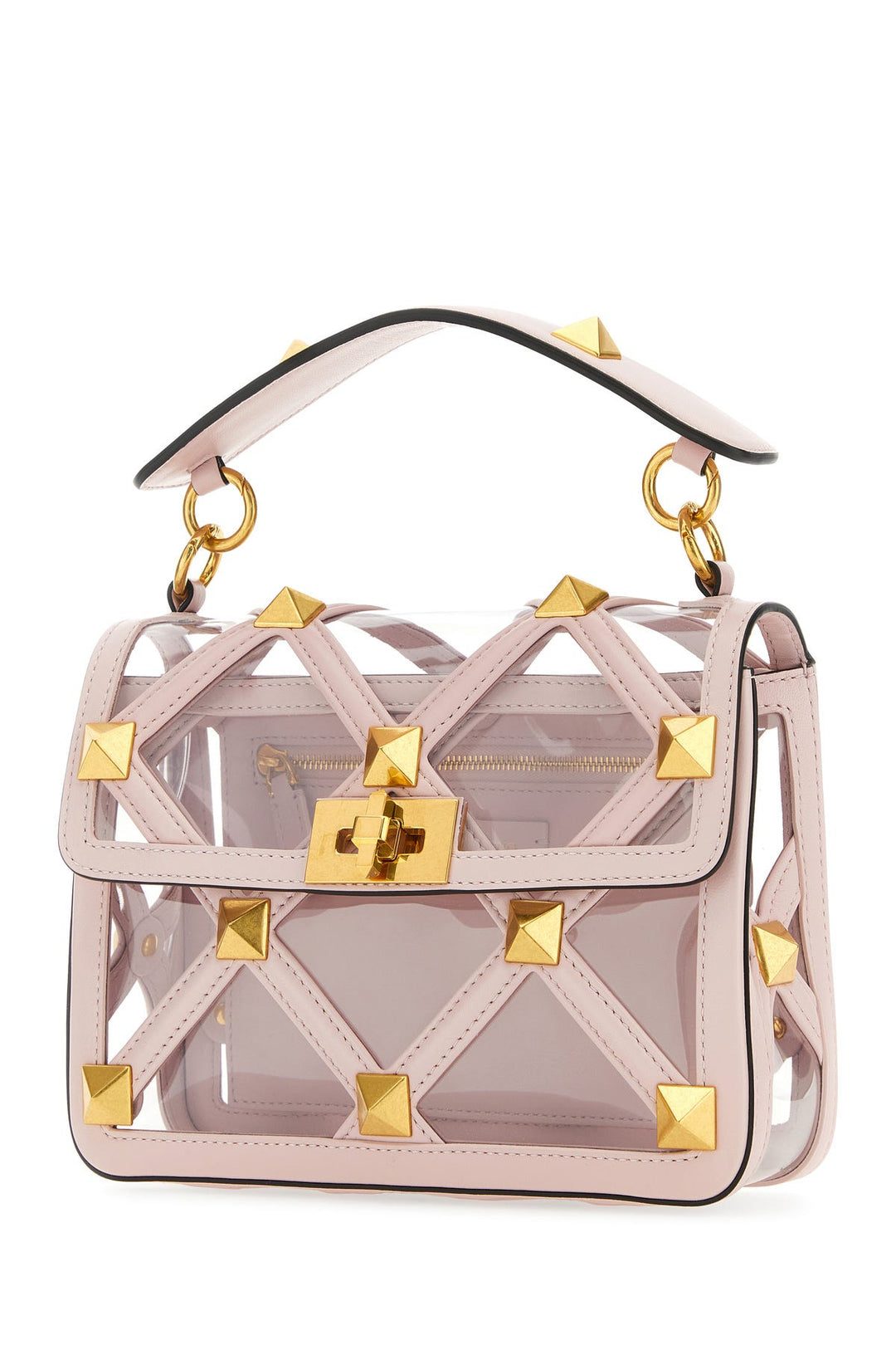 Pastel pink polymeric material and leather medium Roman Stud handbag