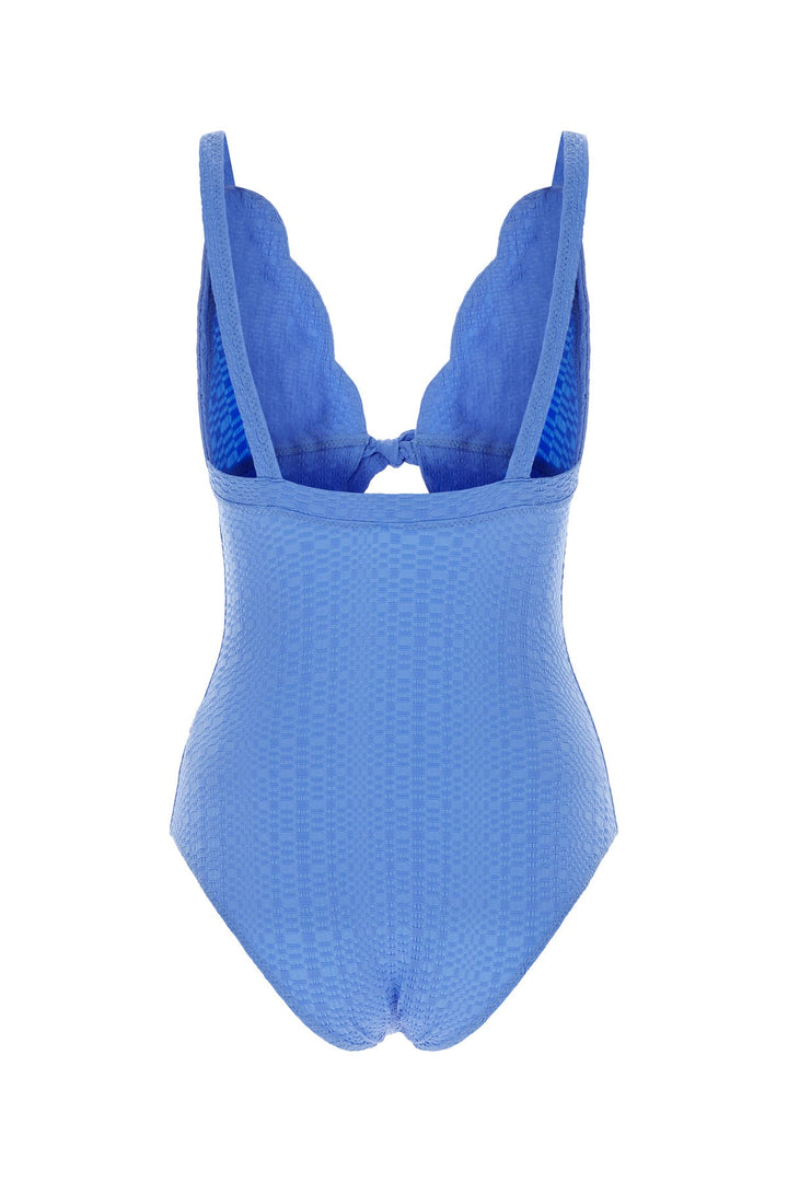 Cerulean blue stretch seersucker Scallop Bow swimsuit